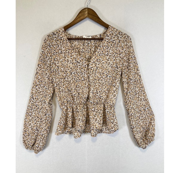 Sienna Sky Tops - Cottagecore Sienna Sky Women Sm Tan Floral Peplum V-Neck Balloon Sleeve Blouse